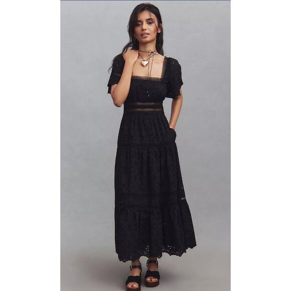 EUC Anthropologie Maeve Violetta Black Eyelet Midi Dress - Medium - Picture 2 of 5